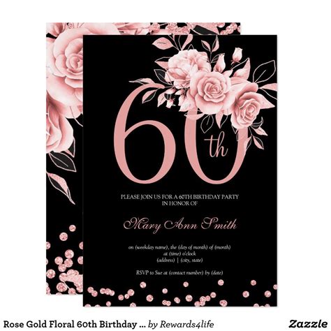 Rose Gold Floral 60th Birthday Party Black Invitation Zazzle Artofit