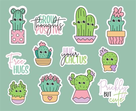 Lindo Paquete De Pegatinas Vectoriales De Kawaii Garabatos Cactus En