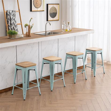 YOUNIKE Metal Bar Stools 24 Inches Wood Set of 4 Stackable Modern ...