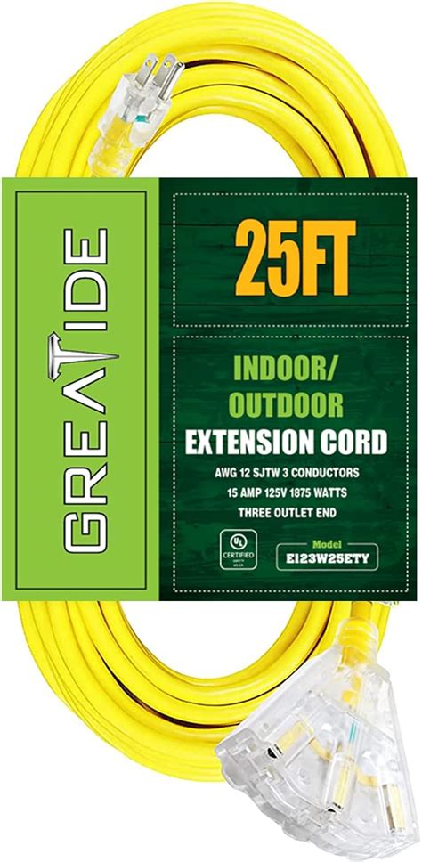 GREATIDE 25 Ft Lighted Outdoor Extension Cord With 3 Electrical Power