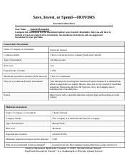 Economics Docx Save Invest Or Spendhonors Investment Data Sheet