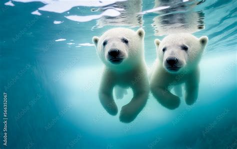 white baby polar bears cubs swimming underwater in blue cold water eye ...