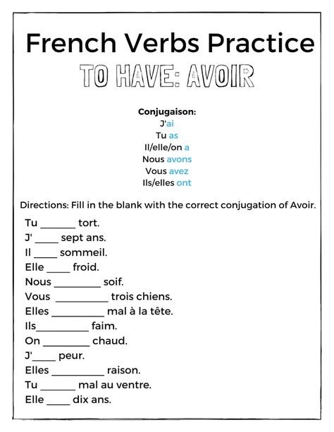 French Verbs Practice Avoir Printable Etsy