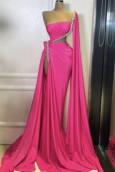 Sexy Fuchsia High Slit One Shoulder Cut Out Formal Dress