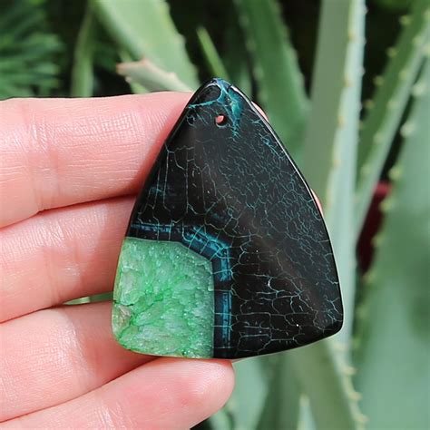 Unique Black Green Druzy Geode Agate Triangle Pendant Focal Bead