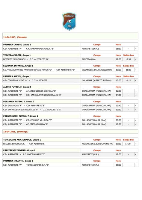 Horario Partidos Fin De Semana Y De Abril Pdf