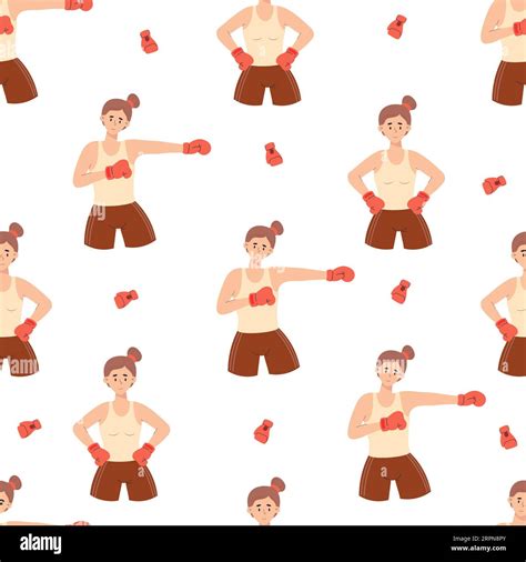 Seamless Pattern Boxing Cute Girls Athletes Boxers On White Background