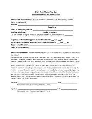 Fillable Online Short Term Mission Trip Release Form Fax Email Print