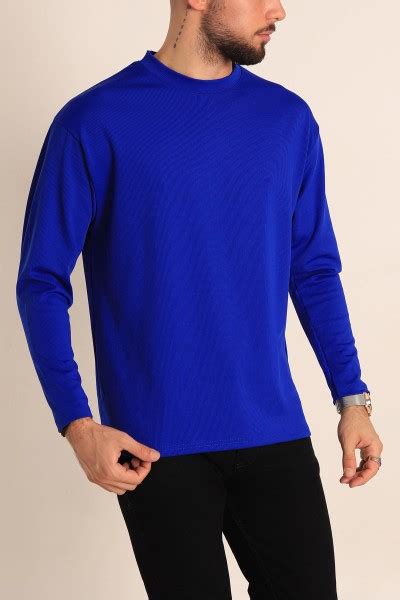 Saks Mavisi Izgi Dokulu Basic Erkek Sweat Modam Zbir