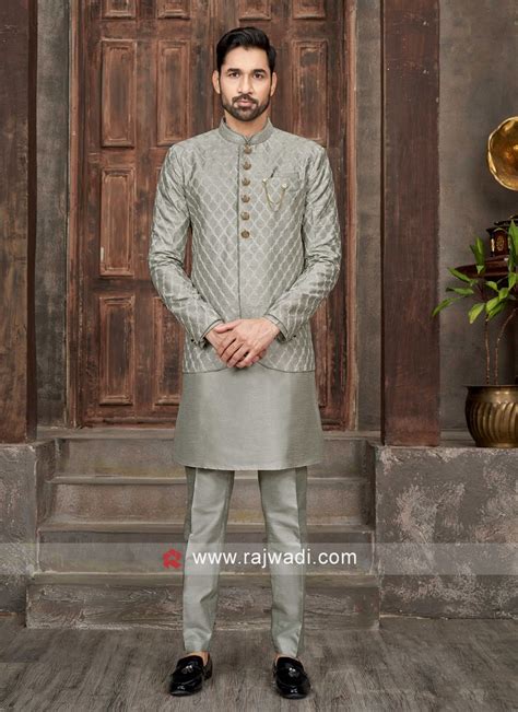 Designer Grey Thread Embroidered Nehru Jacket Set