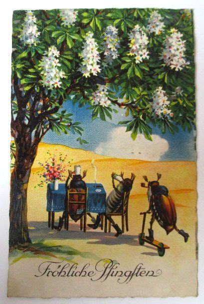 An Old Fashioned Postcard With Flowers On The Tree And Two Men Sitting