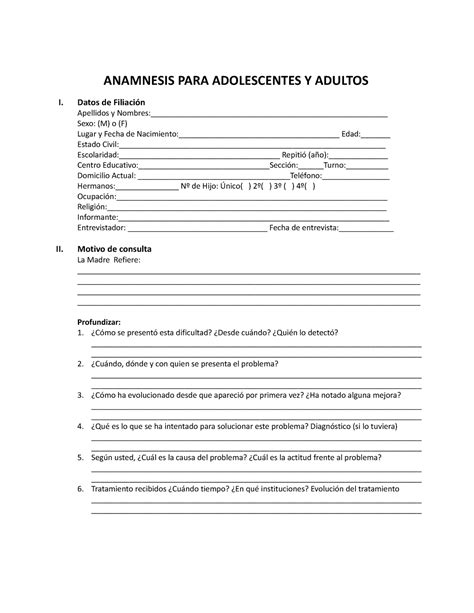 Anamnesis Para Adultos Anamnesis Para Adolescentes Y Adultos I Datos