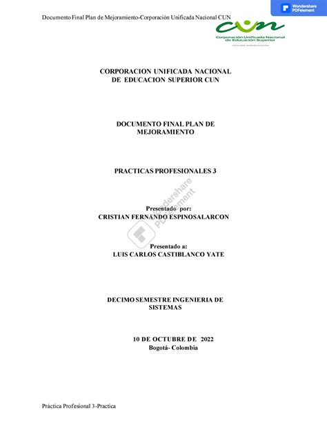 Documento Final PLAN DE Mejoramiento Ii Documento Final Plan De