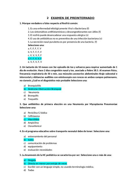 EXAMEN PRE INTERNADO Exámenes de Medicina Docsity