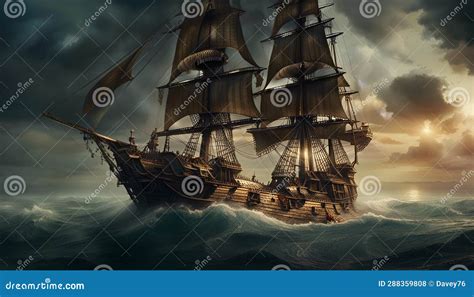 Old Classic Pirate Ship Sailing At A Raging Sea Stock Illustration