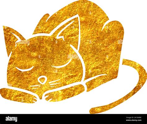 Hand Drawn Gold Foil Texture Sleeping Cat Vector Illustration Stock