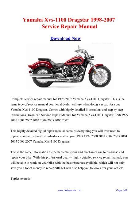 Yamaha Xvs 1100 Dragstar 1998 2007 Service Repair Manual