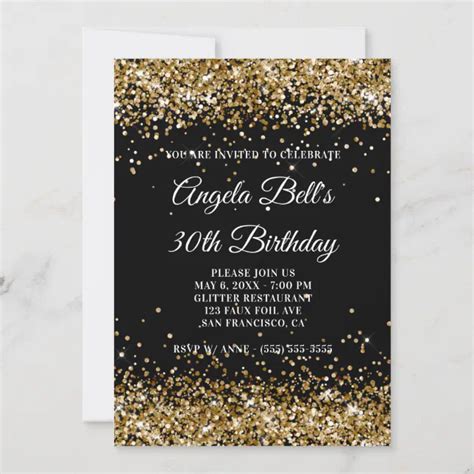 Faux Sparkly Gold Glitter Black Th Birthday Invitation Zazzle