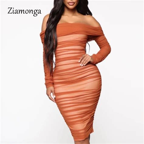 Dropship Ziamonga Black White Khaki Strapless Long Sleeve Pleated Mesh Bandage Lined Bodycon