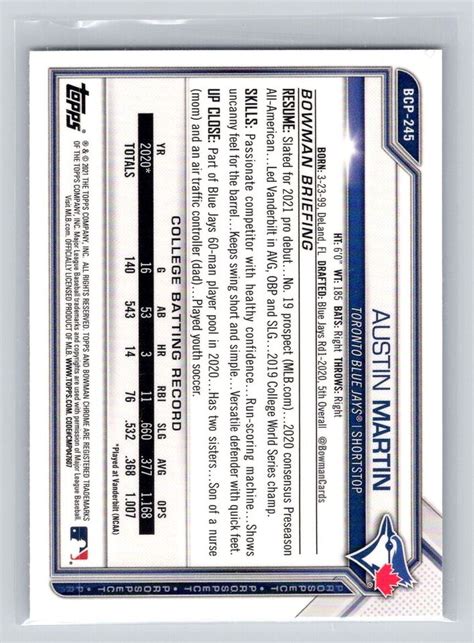 Bowman Chrome Bcp Austin Martin Prospects Toronto Blue Jays