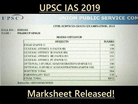 Upsc Result Ias Final Marksheet Of Candidates Released