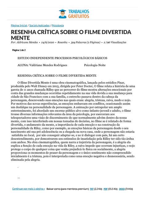 Resenha Cr Tica Sobre O Filme Divertida Mente Resenha Aldrivane