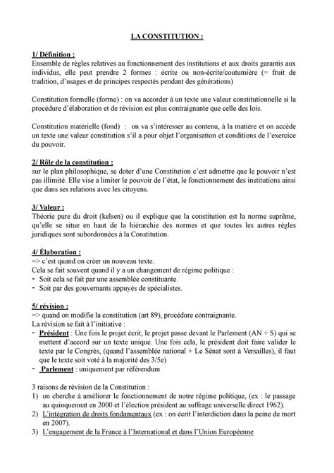 Fiche De Révision Droit Constitutionnel La Constitution 1