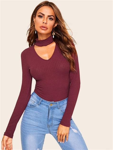 Shein Choker Neck Rib Knit Form Fitting Tee Form Fitting Tee Form