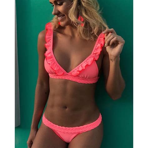 2018 Pink Bikini Brazilian Biquini Women Swimsuit Ruffle Shoulder