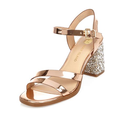 Lyst River Island Rose Gold Glitter Block Heel Sandals In Metallic