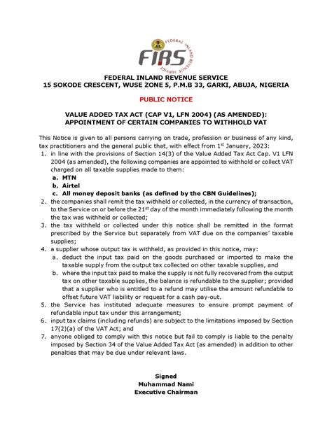 Firs Public Notice Value Added Tax Act Cap V1 Lfn 2004 As Amended