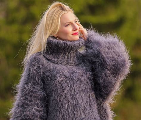 Bluish Grey Fuzzy Thick Mohair Sweater Dress Hand Knitted Pullover