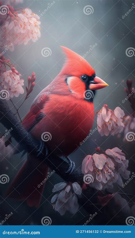 Virginian Cardinal Sits On The Branch Among Flowers In Forest Stock Illustration Illustration