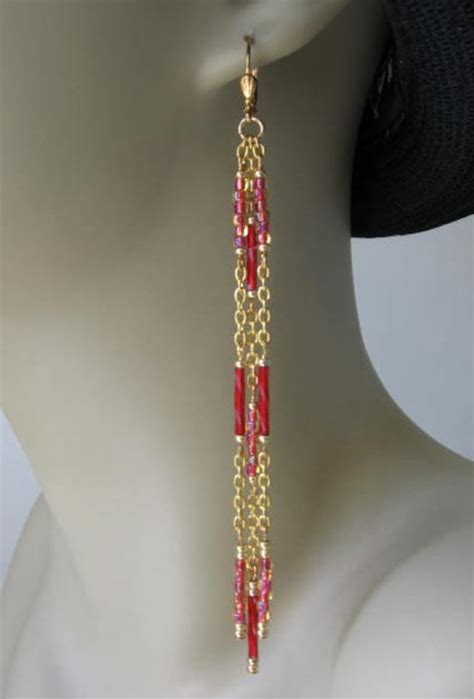 Items Similar To Long Chain Beaded Earrings Red On Etsy