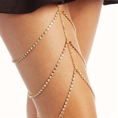 Rhinestones Chain Shiny Women Sexy Body Chain Leg Thigh Harness Jewelry Beach Multi Layers Gold