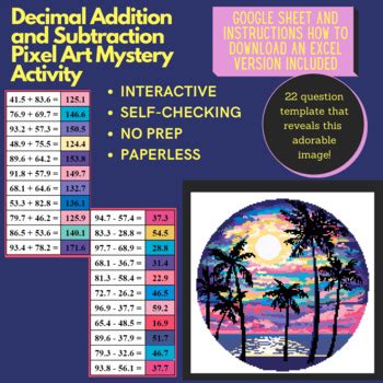 Mystery Digital Pixel Art No Prep Beach Decimal Addition And Subtraction