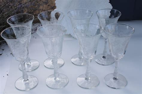 Vintage Rock Sharpe Libbey Etched Glass Stemware Tall Water Goblets