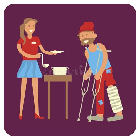 Volunteer Is Feeding With Homeless Man Stock Vector Illustration Of