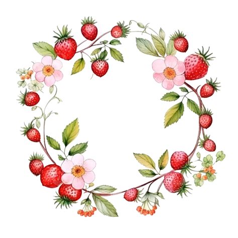 Watercolor Wild Strawberry Fruit And Flower Branch Wreath Frame