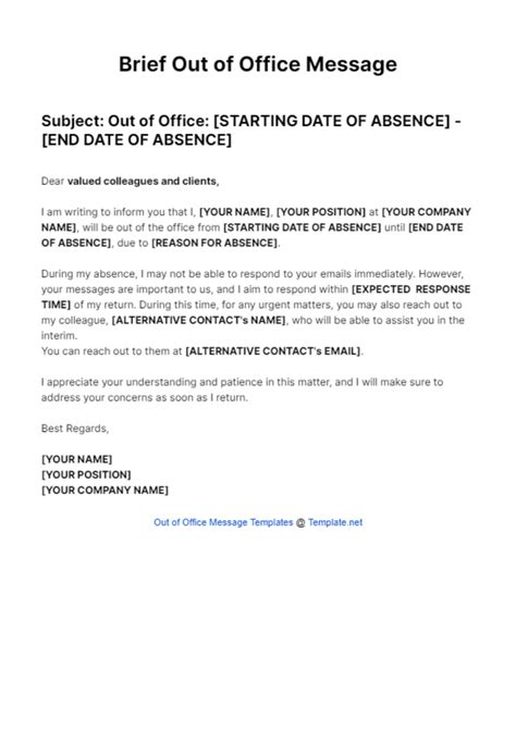 Free Brief Out Of Office Message Template Edit Online And Download