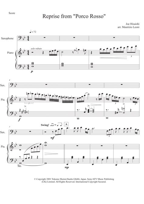 Reprise Arr Maurizio Leoni By Joe Hisaishi Sheet Music For Baritone Sax And Piano At Sheet