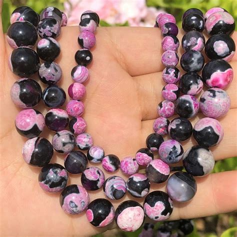 6 8 10mm Natural Stone Fuchsia Black Fire Agates Dragon Veins Onyx