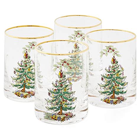 Spode Lot de 4 verres à double motif sapin de Noël verres à bord doré