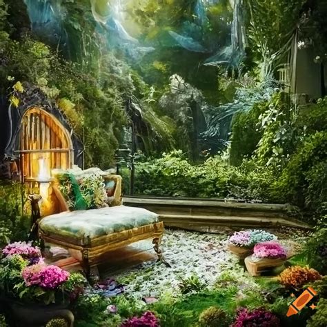 A Fairy Living Room With Flower Sofas Magical Windows Fantasy Tables Fantasy Art By Greg