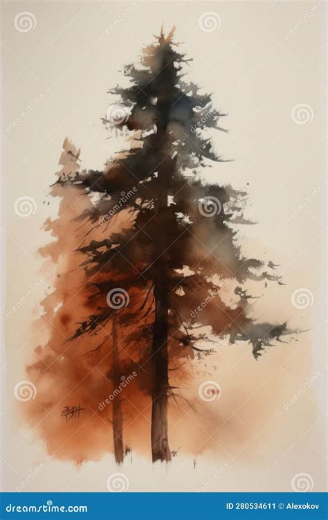 Giant Redwood Tree Watercolor Painting With A Minimalistic Style Stock