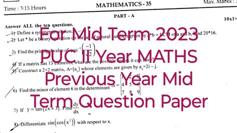 Puc Ii Year Maths Previous Year Mid Term Question Papers Puc Nd Year