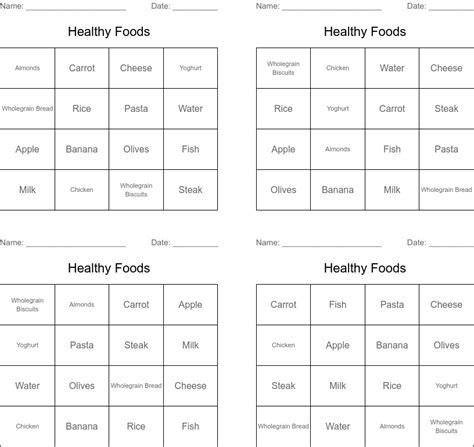 Healthy Foods Bingo Cards Wordmint