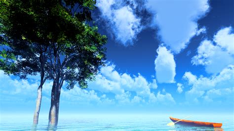 Original Boat Clouds Original Scenic Sky Summer Tree Water Y K