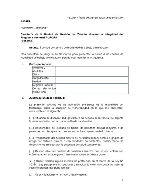 Modelo De Solicitud De Teletrabajo Pna Pdf