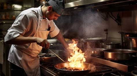 Chef En La Cocina Del Restaurante En La Estufa Con Pan Haciendo